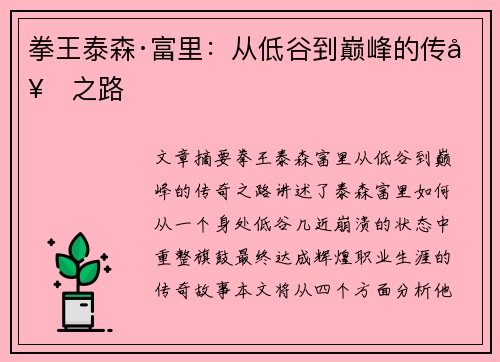 拳王泰森·富里：从低谷到巅峰的传奇之路