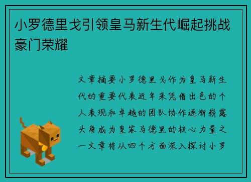 小罗德里戈引领皇马新生代崛起挑战豪门荣耀